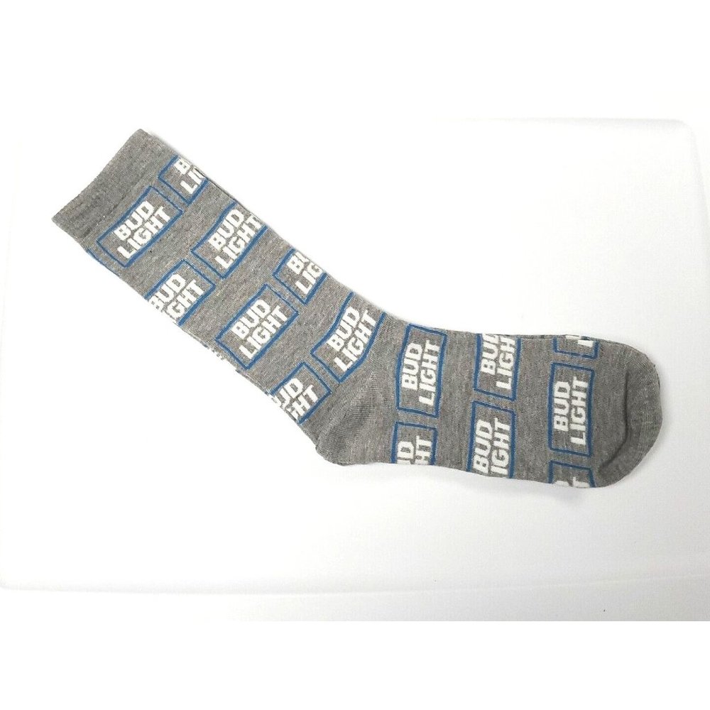 Bud Light Beer All Over Logo Crew Socks Gray Sock Sz 10-13 Shoe Sz 6-12